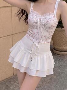 SHEIN MOD Women's Solid Color Waist Grommet Lace-Up Ruffle Hem Skort - White - View 3