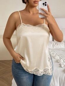 Firerie Plus Size Women's Lace Patchwork Split Design Casual Versatile Daily Outing Camisole Top Casual Summer Going Lace Trip Side Slit Tank Top For Women - Apricot - View 6