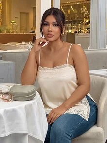Firerie Plus Size Women's Lace Patchwork Split Design Casual Versatile Daily Outing Camisole Top Casual Summer Going Lace Trip Side Slit Tank Top For Women - Apricot - View 1