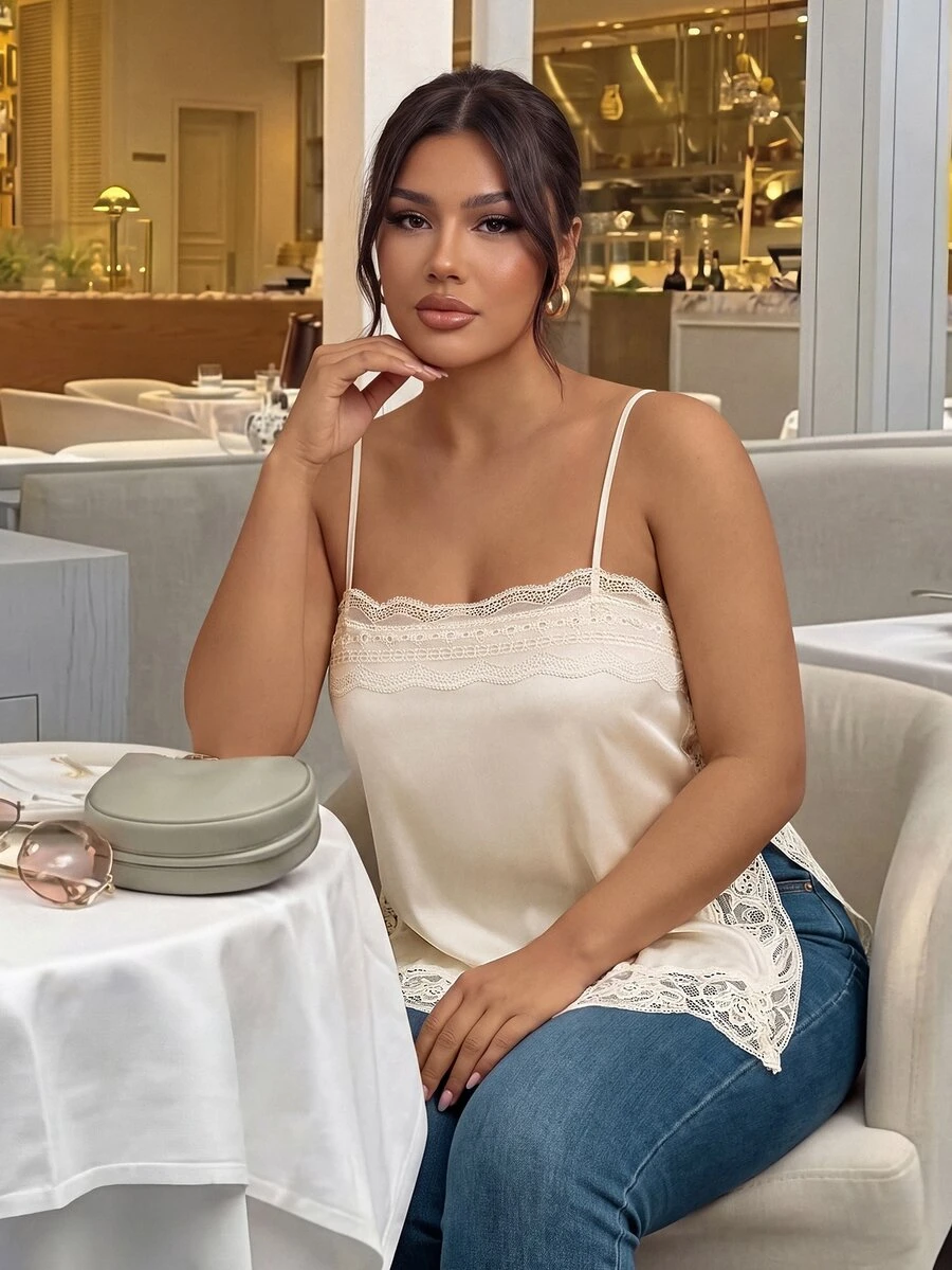 Firerie Plus Size Women's Lace Patchwork Split Design Casual Versatile Daily Outing Camisole Top Casual Summer Going Lace Trip Side Slit Tank Top For Women - Apricot - View 1