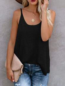 Breezaya Beach Vacation Solid Color Casual Knit Camisole Top - Black - View 3