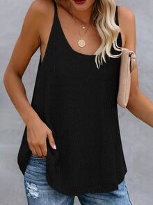 Breezaya Beach Vacation Solid Color Casual Knit Camisole Top - Black - View 1