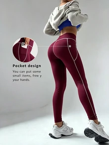 SHEIN Purple & Contrast Color Contrast Stitch High Waist Yoga Pants For Women With Pockets, Elastic Slim Fit Athletic Leggings - Red Violet - View 3