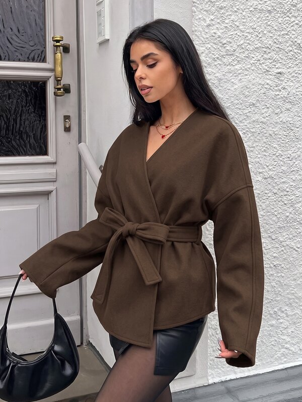 MainGRL Lace-Up Overcoat, Minimalist Elegant Fashion Casual Everyday In Autumn/ Office Dark Brown
