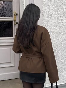 MainGRL 繫帶大衣，極簡時尚休閒日常款，適合秋冬穿著 - 棕色 - 查看 2