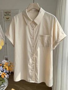 Comfortcana 大尺碼休閒極簡短袖襯衫，可捲袖，女款100%純棉上衣，白色辦公正式商務夏季款 - 卡其色 - 查看 3