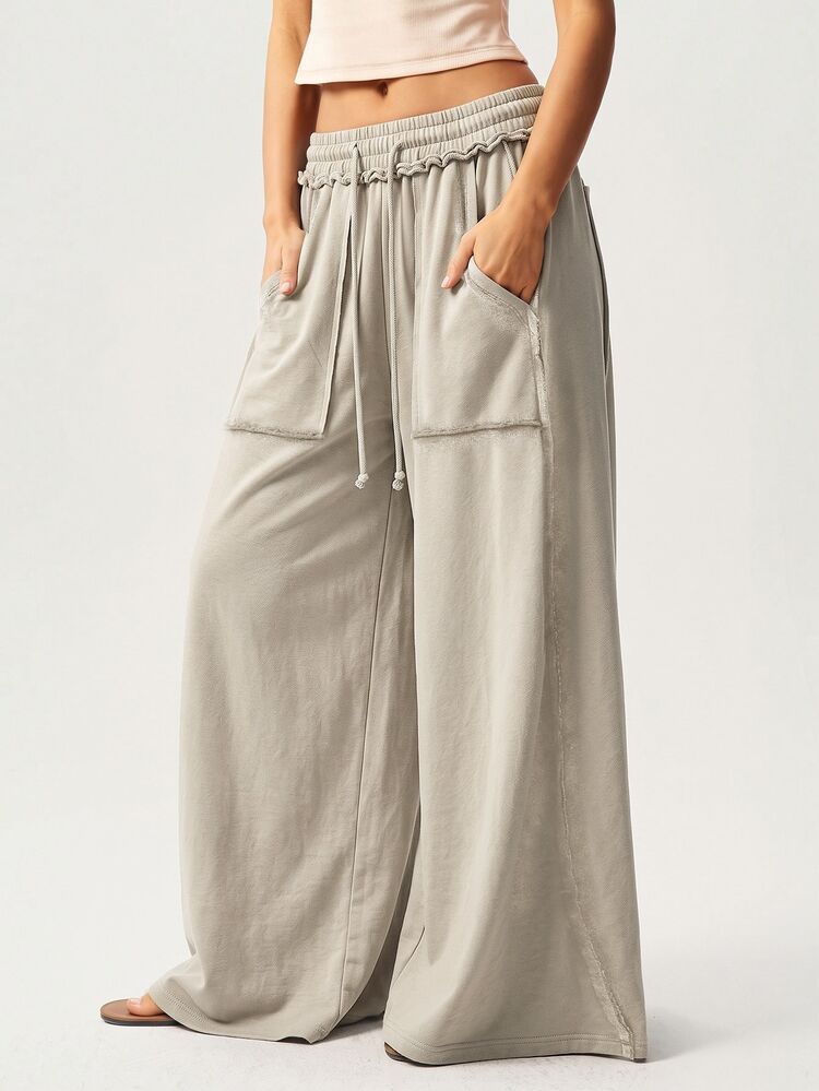 Bohemela Casual Girlisim Knitted Snow-Washed Solid Color Patchwork Loose Wide-Leg Washed Women's Pants Golf Pastal - Khaki - View 6
