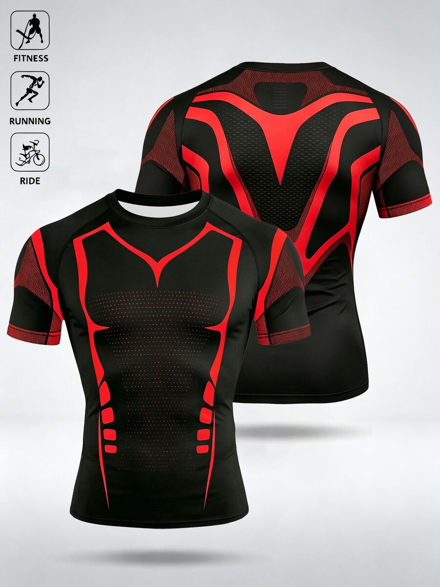 Acti Log Men's Dashed Print Contrast Color Crew Neck Short Sleeve Sports T-Shirt, Gym - Black - View 1