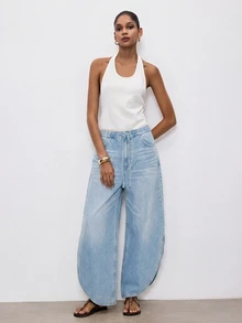 Maija Women's Casual Washed Wide Leg Jeans, Summer, Commuter, Vacation, Party, Date, Holiday, Festival, Casual, Versatile Jeans, Blue Jeans, Travel, Cool. - Blue - View 3