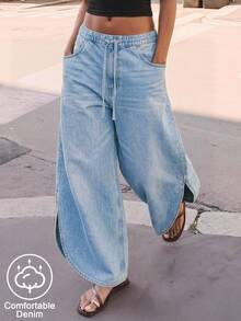 Maija Women's Casual Washed Wide Leg Jeans, Summer, Commuter, Vacation, Party, Date, Holiday, Festival, Casual, Versatile Jeans, Blue Jeans, Travel, Cool. - Blue - View 1