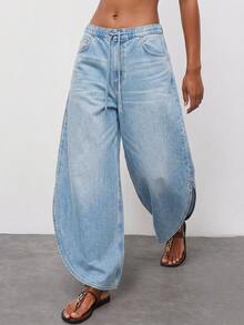 Maija Women's Casual Washed Wide Leg Jeans, Summer, Commuter, Vacation, Party, Date, Holiday, Festival, Casual, Versatile Jeans, Blue Jeans, Travel, Cool. - Blue - View 5