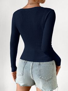 EMERY ROSE Button Front Ribbed Knit Cardigan Fall Winter Cloth For Women - Navy Blue - View 2