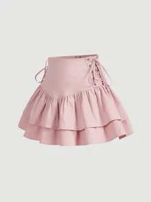SHEIN MOD Lace Up Side Ruffle Hem Skirt - Baby Pink - View 2