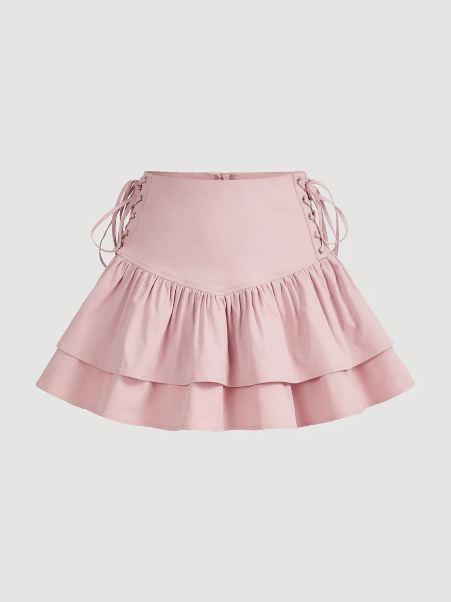 SHEIN MOD Lace Up Side Ruffle Hem Skirt - Baby Pink - View 1
