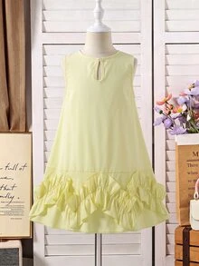 SHEIN Glamorique Kids 小女孩無袖洋裝，甜美蝴蝶結裝飾荷葉邊下擺 A 字版型純色休閒派對夏季洋裝，新款 - 黃色 - 查看 2