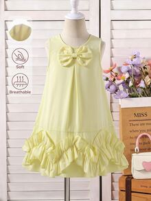 SHEIN Glamorique Kids 小女孩無袖洋裝，甜美蝴蝶結裝飾荷葉邊下擺 A 字版型純色休閒派對夏季洋裝，新款 - 黃色 - 查看 3