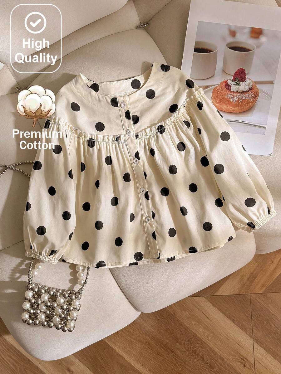 SHEIN Girls Cute Polka Dot Print Puff Sleeve Doll Style Casual Blouse, Suitable For Daily Wear, Gatherings And Outings