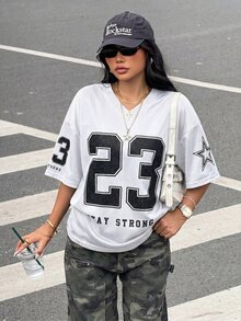 SHEIN Girlism Teen Girl Teen Girls T-Shirts Casual Simple Letter Number Pattern 23T-Shirt Suitable For Summer White Ball Game Outfit, Suitable For Summer, Suitable For Ball Games - White - View 3