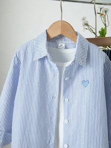 SHEIN Sparklyn Girls' Spring/Summer Pink Striped Strawberry Shirt, Simple & Playful, Fashionable & Versatile, Suitable For Daily Wear And Outings - Blue and White - View 3
