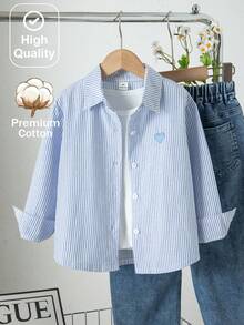 SHEIN Sparklyn Girls' Spring/Summer Pink Striped Strawberry Shirt, Simple & Playful, Fashionable & Versatile, Suitable For Daily Wear And Outings - Blue and White - View 1