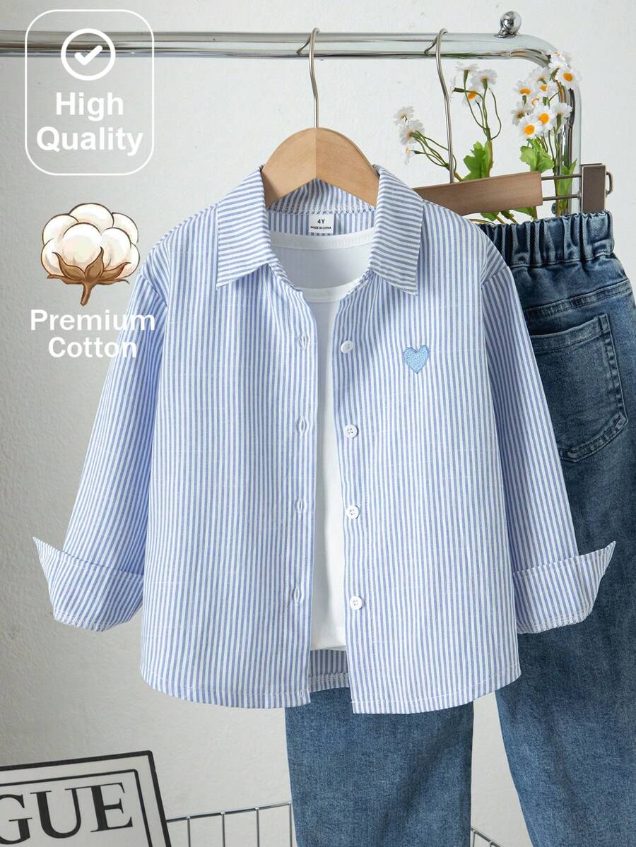 SHEIN Sparklyn Girls' Spring/Summer Pink Striped Strawberry Shirt, Simple & Playful, Fashionable & Versatile, Suitable For Daily Wear And Outings - Blue and White - View 1