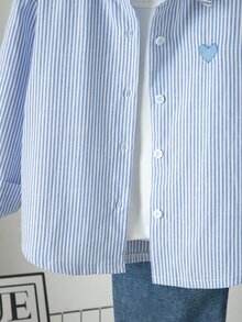 SHEIN Sparklyn Girls' Spring/Summer Pink Striped Strawberry Shirt, Simple & Playful, Fashionable & Versatile, Suitable For Daily Wear And Outings - Blue and White - View 4