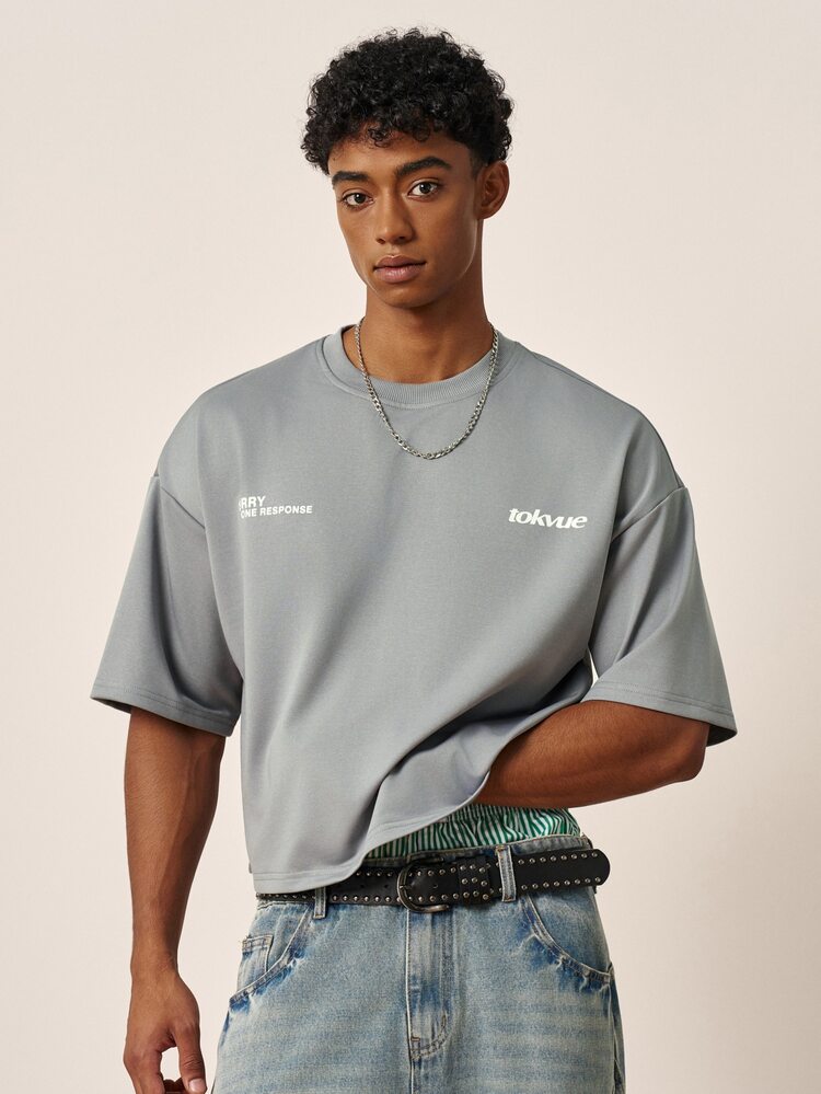 TOKVUE Men's American Street Style Embroidered Cropped Short Sleeve T-Shirt, Cropped T-Shirt, Fun Minimalist Style, Clean Fit Minimalist Style, Niche Unique Design, Daily, Streetwear, Sports, Back To School, Rapper, Holiday Gift - Grey - View 4