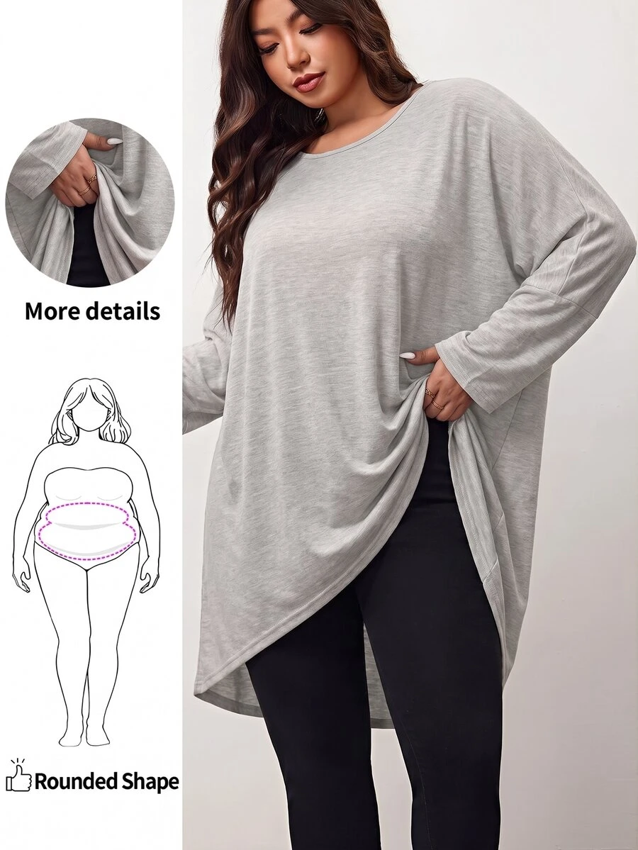 Enliva Plus Size Loose Batwing Sleeve Asymmetrical Hem (Short Front, Long Back) T-Shirt - Round Neck, Solid Color, Elastic Comfortable, Soft Versatile, Fashion Casual, Suitable For Autumn/Winter Daily Wear; Flattering Fit For Voluptuous Curves, Especially Suitable For Apple-Shaped Body