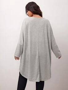 Enliva Plus Size Loose Batwing Sleeve Asymmetrical Hem (Short Front, Long Back) T-Shirt - Round Neck, Solid Color, Elastic Comfortable, Soft Versatile, Fashion Casual, Suitable For Autumn/Winter Daily Wear; Flattering Fit For Voluptuous Curves, Especially Suitable For Apple-Shaped Body - Grey - View 3