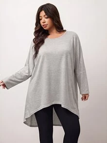 Enliva Plus Size Loose Batwing Sleeve Asymmetrical Hem (Short Front, Long Back) T-Shirt - Round Neck, Solid Color, Elastic Comfortable, Soft Versatile, Fashion Casual, Suitable For Autumn/Winter Daily Wear; Flattering Fit For Voluptuous Curves, Especially Suitable For Apple-Shaped Body - Grey - View 6