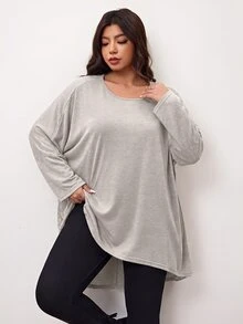 Enliva Plus Size Loose Batwing Sleeve Asymmetrical Hem (Short Front, Long Back) T-Shirt - Round Neck, Solid Color, Elastic Comfortable, Soft Versatile, Fashion Casual, Suitable For Autumn/Winter Daily Wear; Flattering Fit For Voluptuous Curves, Especially Suitable For Apple-Shaped Body - Grey - View 4