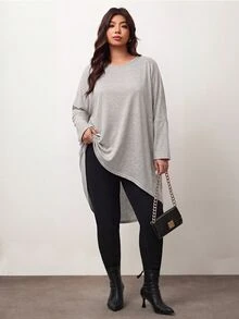 Enliva Plus Size Loose Batwing Sleeve Asymmetrical Hem (Short Front, Long Back) T-Shirt - Round Neck, Solid Color, Elastic Comfortable, Soft Versatile, Fashion Casual, Suitable For Autumn/Winter Daily Wear; Flattering Fit For Voluptuous Curves, Especially Suitable For Apple-Shaped Body - Grey - View 7
