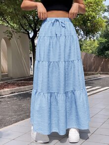 SHEIN PETITE 女款純色腰部綁帶荷葉邊下擺休閒裙 - 淺藍色 - 查看 10