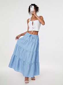 SHEIN PETITE 女款純色腰部綁帶荷葉邊下擺休閒裙 - 淺藍色 - 查看 8