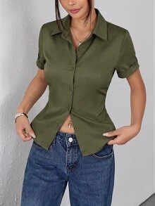SHEIN PETITE 女款純色短袖單排扣休閒通勤襯衫 - 軍綠色 - 查看 4