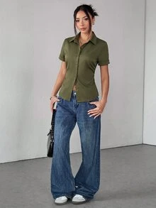 SHEIN PETITE 女款純色短袖單排扣休閒通勤襯衫 - 軍綠色 - 查看 3