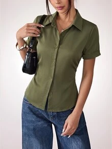 SHEIN PETITE 女款純色短袖單排扣休閒通勤襯衫 - 軍綠色 - 查看 6