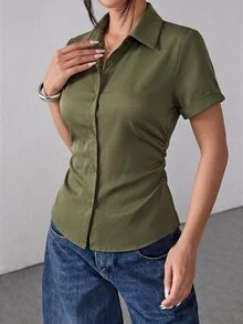 SHEIN PETITE 女款純色短袖單排扣休閒通勤襯衫 - 軍綠色 - 查看 5