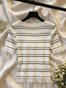 GlowEve Women's French Fashion Lace Patchwork Striped Colorblock T-Shirt - Multicolor - View 2