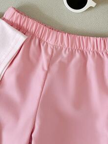 SHEIN Playful Pals 女嬰時尚休閒可愛 Daddy's Girl 百搭圓領印花短袖上衣與粉色長褲 2 件套軟綿套裝 夏季學校度假穿搭 - 粉色 - 查看 6