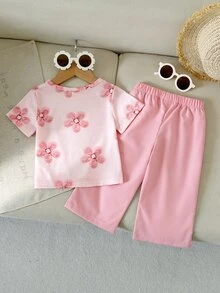 SHEIN Playful Pals 女嬰時尚休閒可愛 Daddy's Girl 百搭圓領印花短袖上衣與粉色長褲 2 件套軟綿套裝 夏季學校度假穿搭 - 粉色 - 查看 4