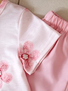 SHEIN Playful Pals 女嬰時尚休閒可愛 Daddy's Girl 百搭圓領印花短袖上衣與粉色長褲 2 件套軟綿套裝 夏季學校度假穿搭 - 粉色 - 查看 7