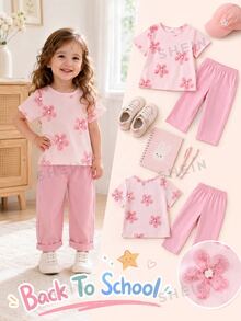 SHEIN Playful Pals 女嬰時尚休閒可愛 Daddy's Girl 百搭圓領印花短袖上衣與粉色長褲 2 件套軟綿套裝 夏季學校度假穿搭 - 粉色 - 查看 2