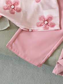 SHEIN Playful Pals 女嬰時尚休閒可愛 Daddy's Girl 百搭圓領印花短袖上衣與粉色長褲 2 件套軟綿套裝 夏季學校度假穿搭 - 粉色 - 查看 5