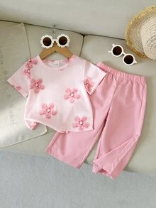SHEIN Playful Pals 女嬰時尚休閒可愛 Daddy's Girl 百搭圓領印花短袖上衣與粉色長褲 2 件套軟綿套裝 夏季學校度假穿搭 - 粉色 - 查看 3