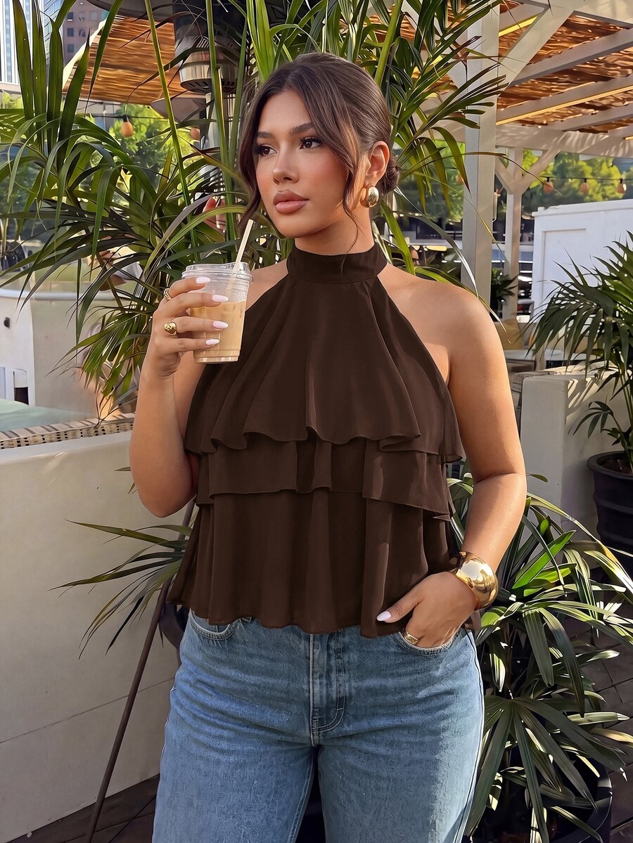 Firerie Plus Size Loose Ruffled Asymmetrical Chiffon Blouse Summer - Coffee Brown - View 1