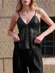 Breezaya Damen einfarbiges Pailletten-Camisole mit Rüschensaum, sexy Party-Club-Top, schwarze Pailletten, Sommer - Schwarz - Übersicht 6