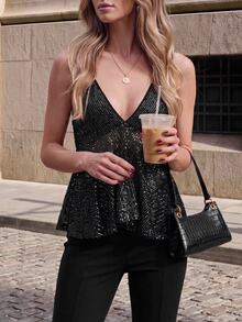 Breezaya Damen einfarbiges Pailletten-Camisole mit Rüschensaum, sexy Party-Club-Top, schwarze Pailletten, Sommer - Schwarz - Übersicht 5