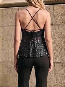 Breezaya Damen einfarbiges Pailletten-Camisole mit Rüschensaum, sexy Party-Club-Top, schwarze Pailletten, Sommer - Schwarz - Übersicht 2