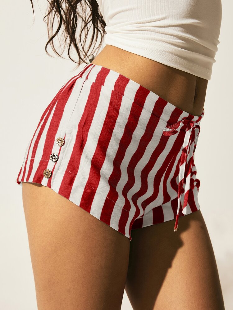 SHEIN EZwear Plus Size Women's Spring/Summer Waist Tie Striped Casual Shorts - Multicolor - View 7
